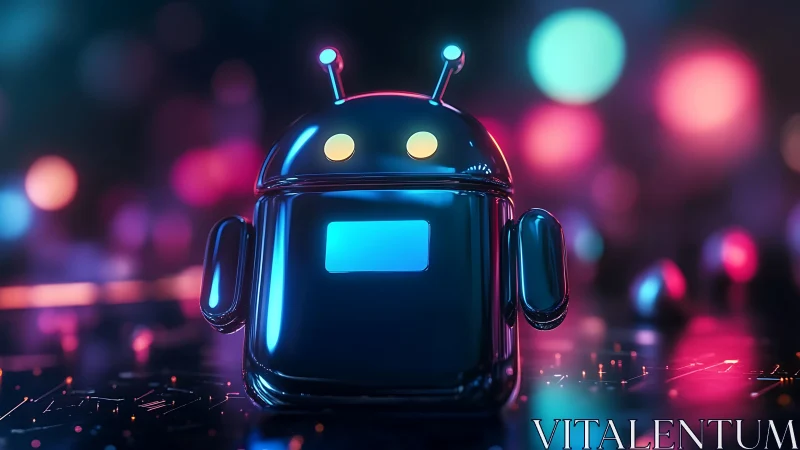 Chrome robot stands on circuit board amid neon bokeh lights