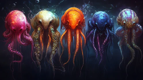 Bioluminescent alien jellyfish drift in a dark cosmic sea