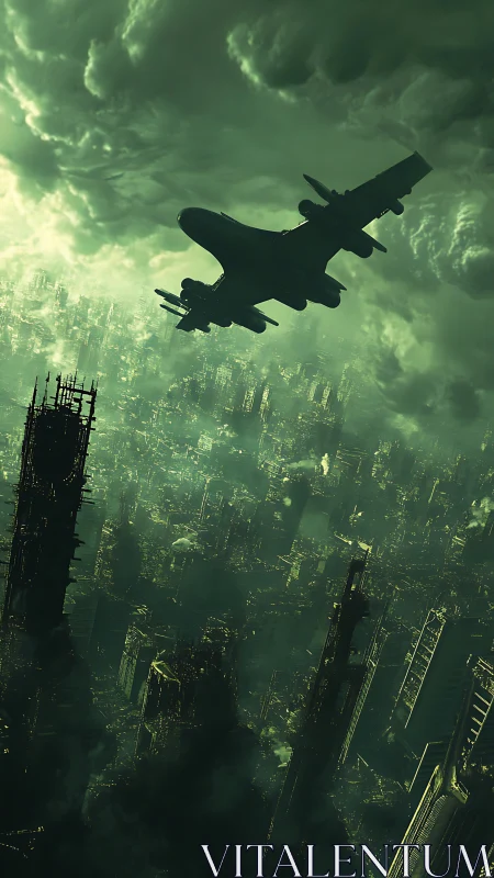 Military aircraft over ruined green-tinted mega city skyline.