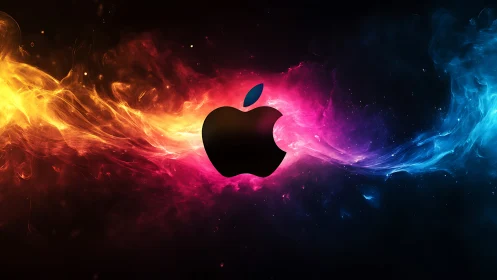 Glowing color waves swirl around a bold apple silhouette.