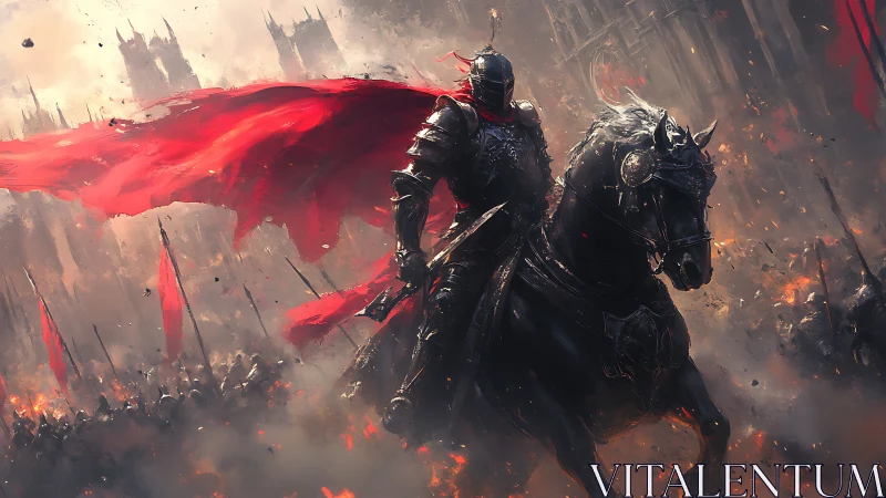 Armored horseman with red cape in burning medieval siege.