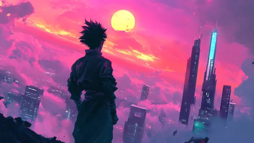 Cyberpunk silhouette overlooks neon city in magenta sunset sky