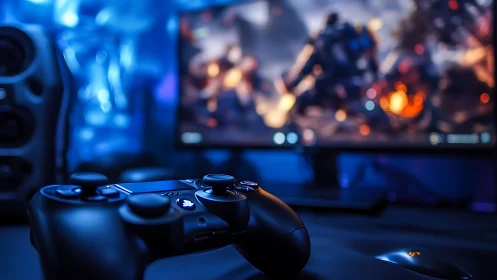 Midnight gamepad poised before neon-soaked battle worlds.