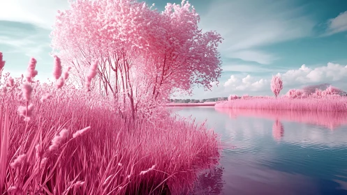 Infrared-rendered riverside grove displays surreal chromatic contrast