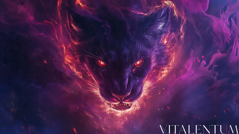 Demonic panther head emerges from luminous violet nebula