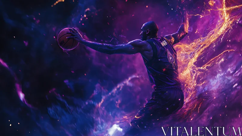 Dynamic basketball dunk amid neon plasma trails and volumetric light