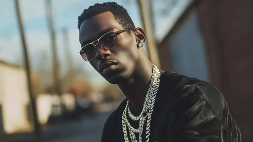 Urban portrait of stylish man in sunglasses and chains.