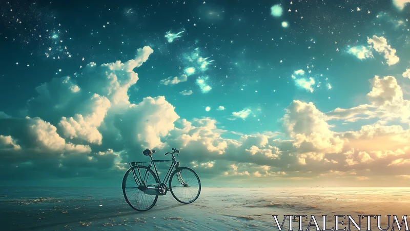 Bicycle on Surreal Beach Under Starlit Turquoise Sky.