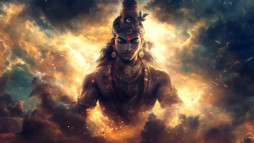 Radiant divine warrior emerging from luminous storm clouds.