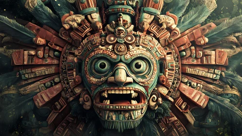 Intricate Mesoamerican stone mask with radial feathered headdress