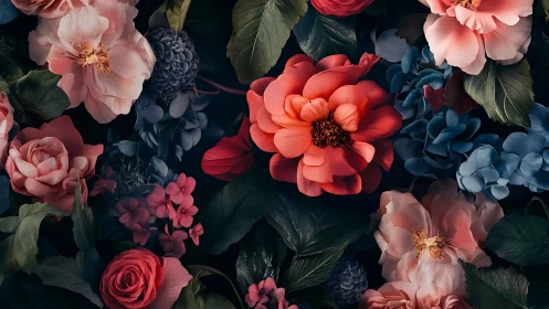 Floral arrangement with pink, red, and blue flowers on dark background
