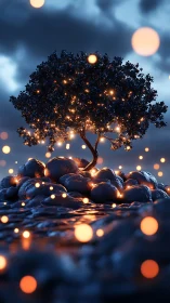 Luminous Tree Island in Cinematic 3D Nightscape Rendering.