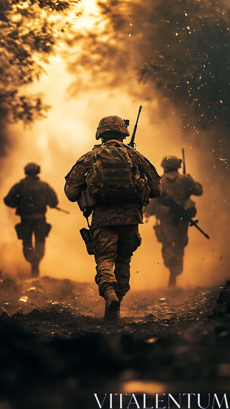 Soldiers advance through burning battlefield haze at dusk.