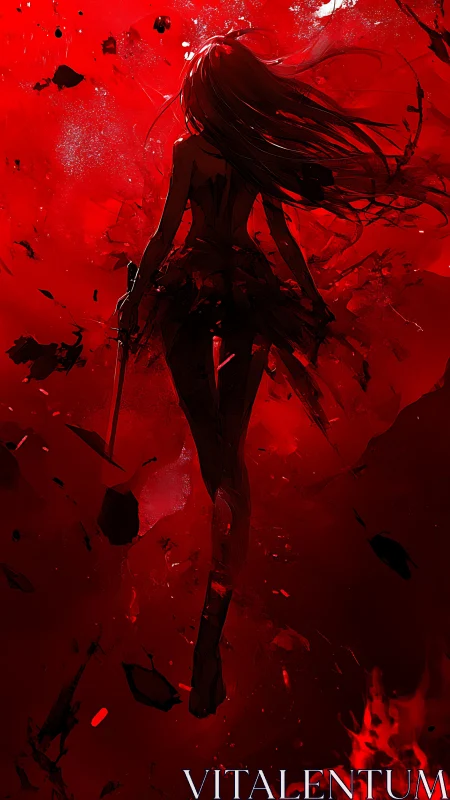 Silhouetted swordbearer emerging within scarlet chaos.