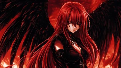 Scarlet-winged fallen angel broods in a burning crimson sky.