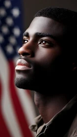 Upturned gaze carves a hopeful path beneath soft flag light