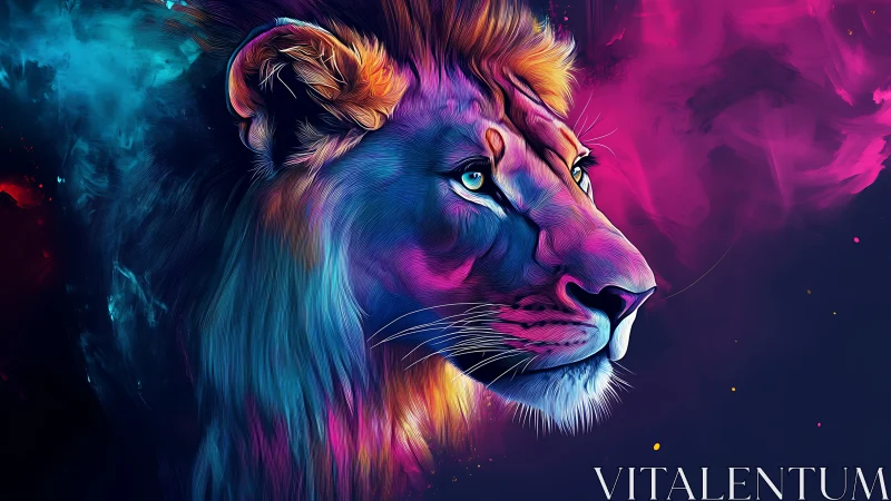 Digital lion profile in multicolor neon gradient palette.