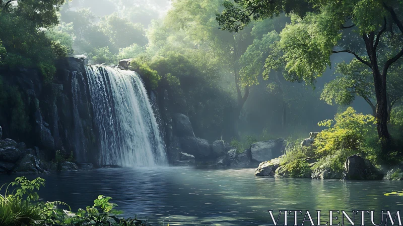 Sunlit forest waterfall cascades into a tranquil emerald pool