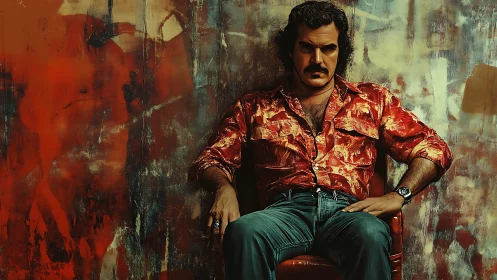 Brooding man in vivid red shirt rests against abstract wall