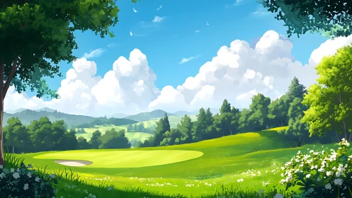 Golf course fairway within tree-framed rural landscape.