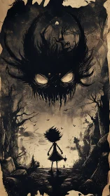 Silhouetted child confronting colossal ocular nightmare entity.