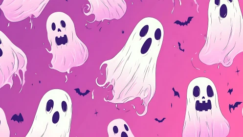 Playful pastel ghosts drift gently across a pink night sky