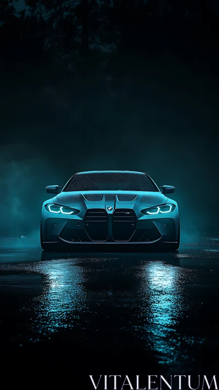 Midnight sports car glows over rain-soaked neon asphalt