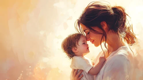Mother and child in warm light setting.