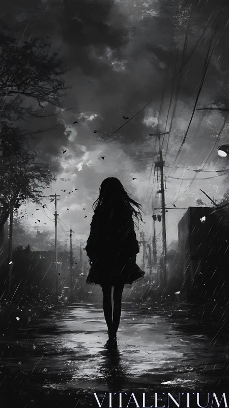 Monochrome rain-soaked alley silhouette in digital painting style.