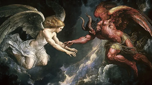 Celestial and infernal figures converge in dynamic conflict.