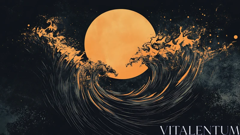 Luminous full moon framed by stylized turbulent ink waves