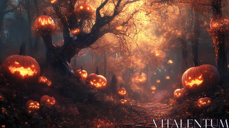 Backlit forest trail lined with glowing carved jack o lanterns