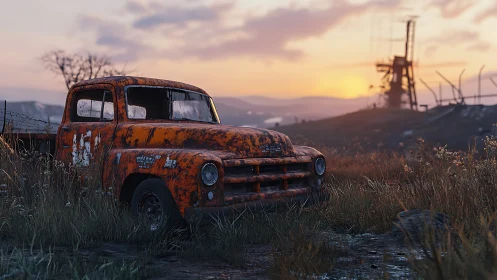 Rusty orange pickup truck abandoned in overgrown field.