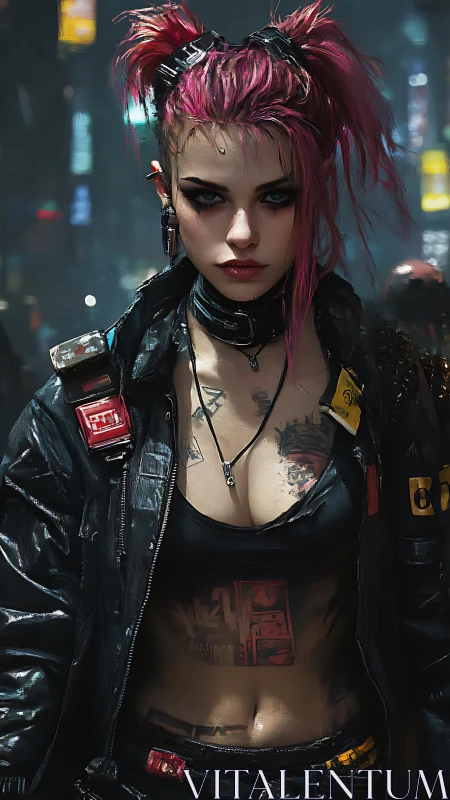 Fierce pink haired street rebel owns the neon night city