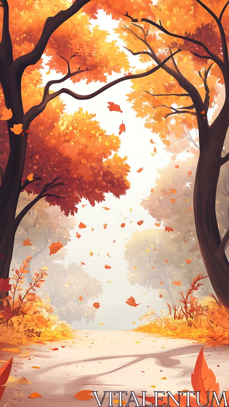 Autumn Forest Path with Falling Leaves and Misty Ground.