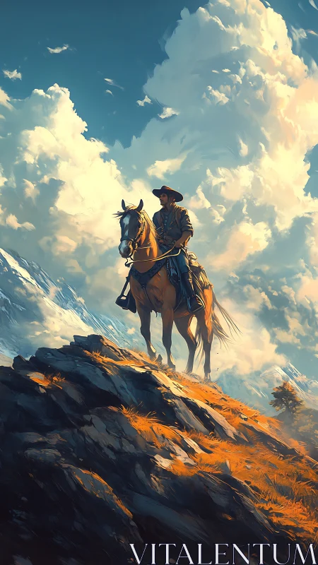 Lone cowboy surveys sunlit mountain ridge beneath vast sky.