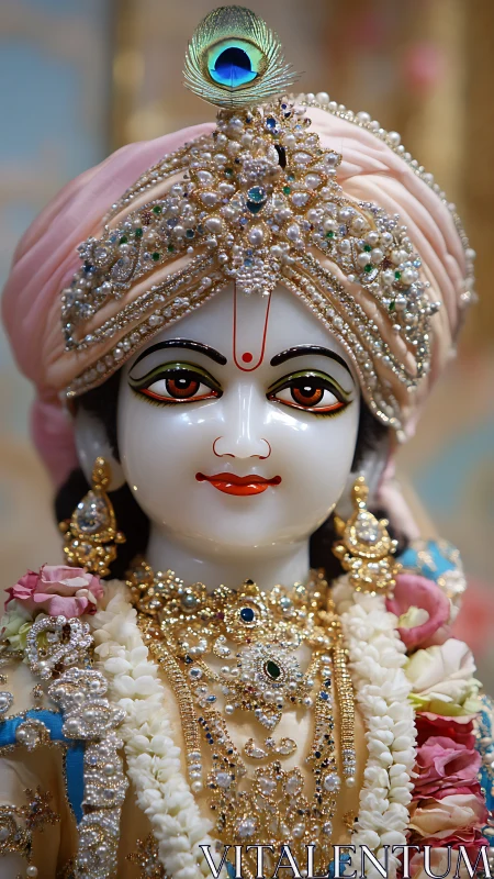 Ornate Krishna idol adorned with jewels and peacock plume.