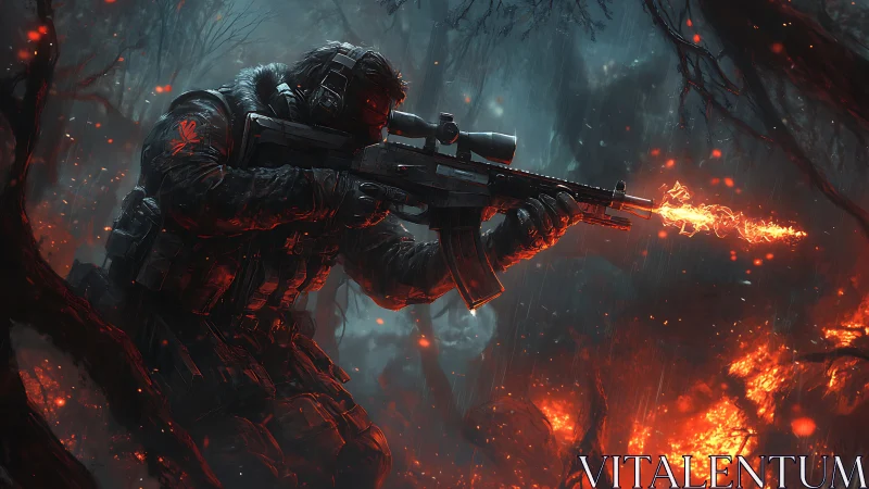 Firelit marksman carves neon tracers through a burning forest