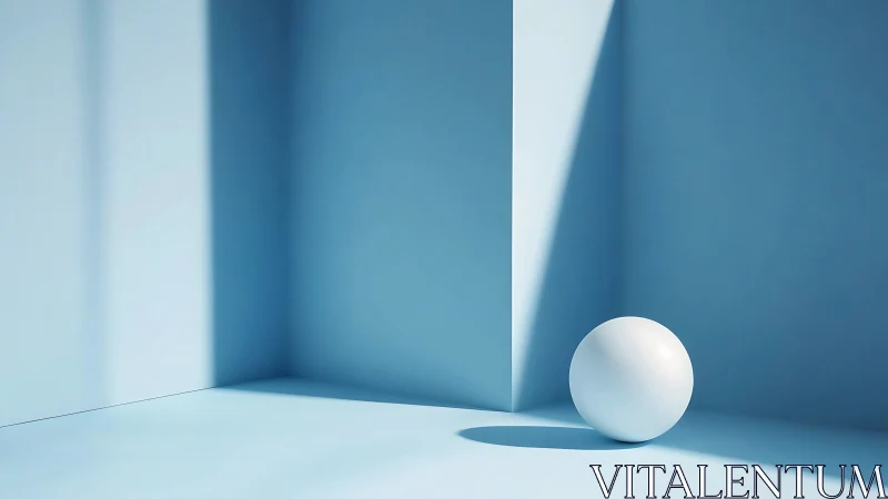 White sphere in blue minimal room with strong shadows.