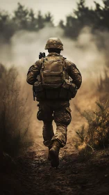 Backlit infantry silhouette in misty tactical corridor fieldwork.