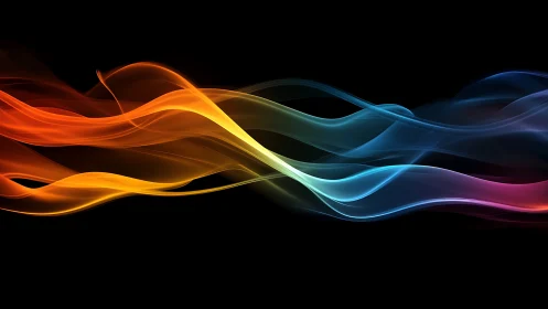 Colorful flowing light waves on black digital background.