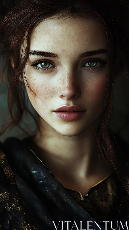 Close frontal portrait depicts young woman in dark clothing