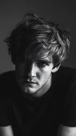 Low-key monochrome male portrait with sculpted chiaroscuro lighting.