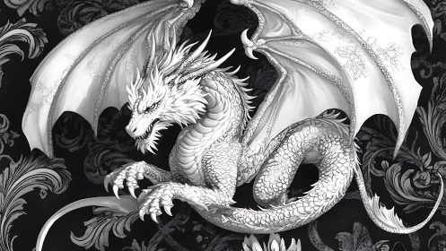 Monochrome draconic anatomy rendered in ornate chiaroscuro detail.