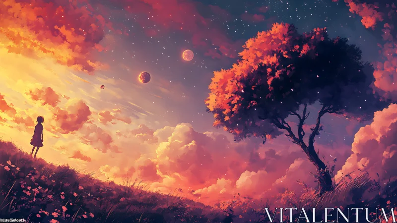 Girl under cosmic sunset sky beside glowing lone tree.