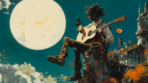 Moonlit cliffside guitarist dreaming above quiet towers.