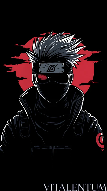 Masked ninja silhouette before red moon minimalist poster.