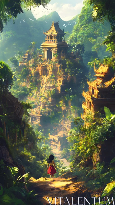 Young explorer approaches sunlit jungle temple city vista