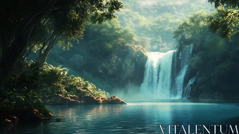 Sunlit jungle waterfall pours into tranquil turquoise pool.