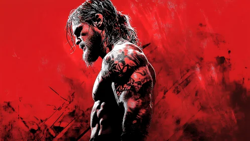Quiet Strength in Red: Tattooed Warrior in Profile.